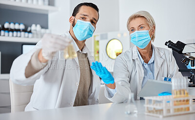 Buy stock photo Medical science, doctors and laboratory with face mask or ppe for medicine research, test or analysis. Man and woman scientist collaboration for futuristic chemical cure, innovation and development