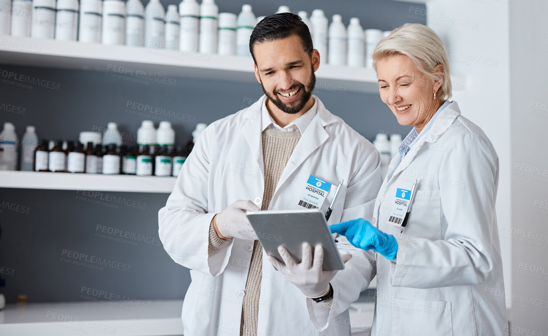 Buy stock photo Science, research and teamwork in laboratory with tablet for test results, medical report and analytics. Pharmacy, biotechnology and scientists with digital tech for study, data analysis and review