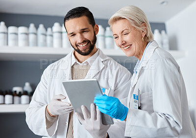 Buy stock photo Science, research and team in laboratory on tablet for test results, medical report and analytics. Pharmaceutical, biotechnology and scientists with digital tech for study, data analysis and health