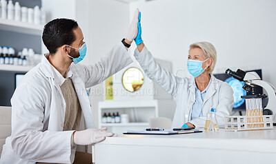 Buy stock photo Science, man and woman with high five, mask and breakthrough with positive results, test and cure in lab. Research, male scientist and female research with face cover, gesture for success or teamwork