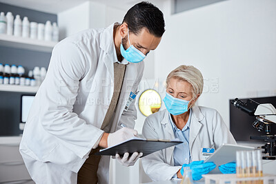 Buy stock photo Science, paperwork and people medical mask in laboratory compliance, safety or virus data analysis in teamwork. Vaccine, medicine and pharmaceutical development documents or checklist of scientist