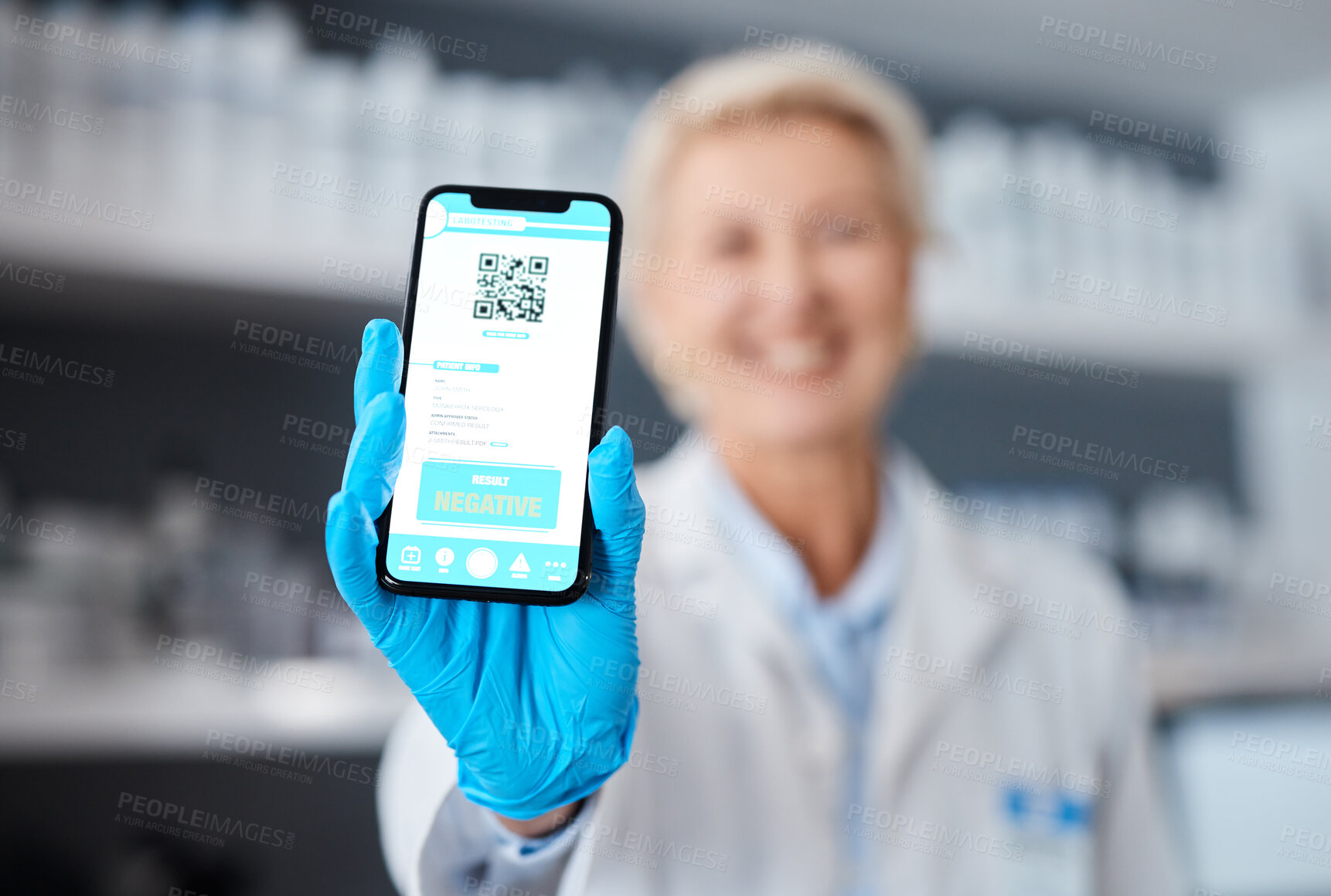 Buy stock photo Phone, screen and doctor woman with QR code for drugs test results, compliance and safety in laboratory. Smartphone, mobile app ux and negative feedback for online scientist or science data review