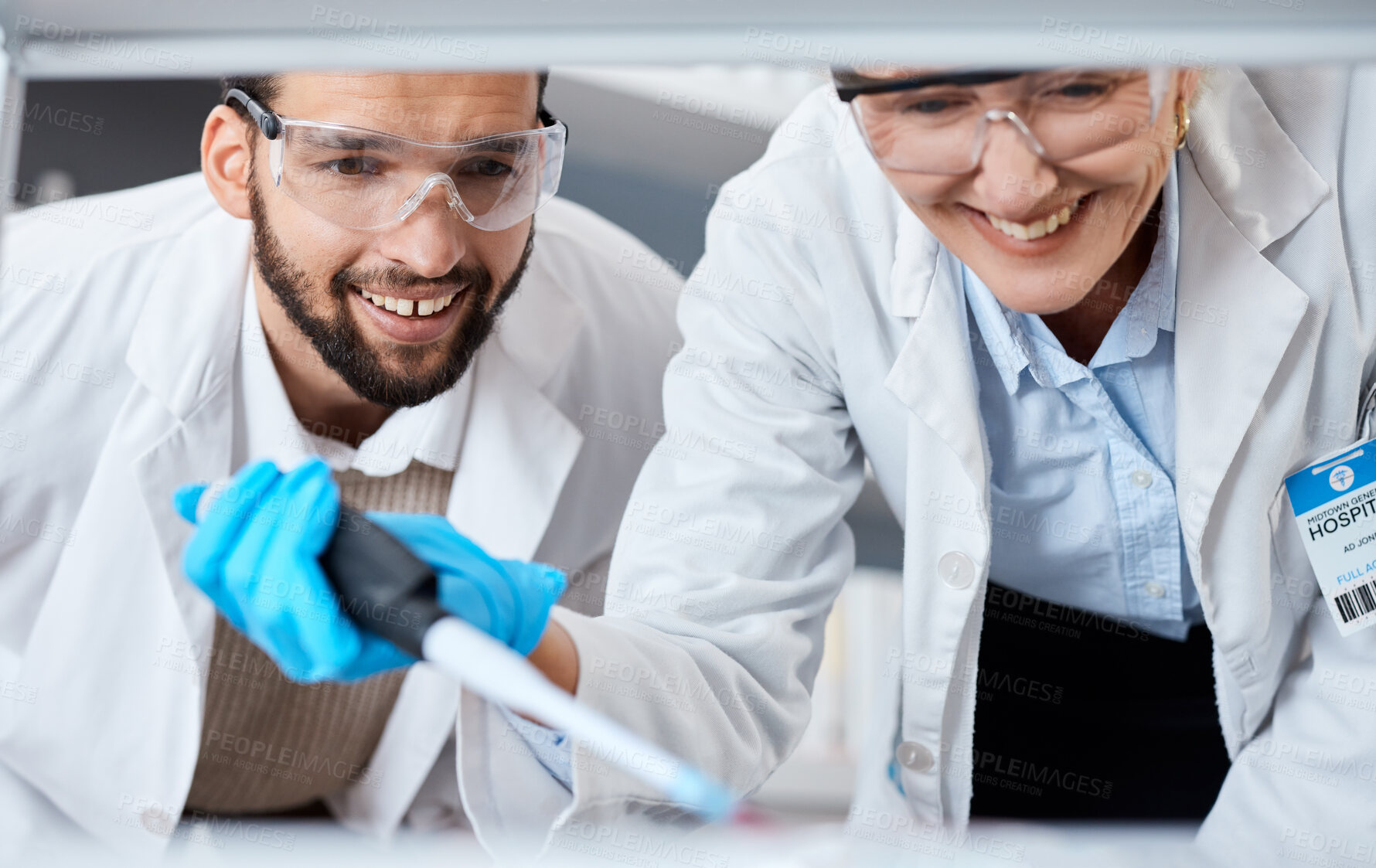 Buy stock photo Scientist, lab and happy workers in a lab with dna sample work and data analysis with success. Team research, happiness and science biotechnology in a laboratory working on clinic experiment