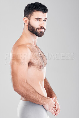 Buy stock photo Fitness, body and strong man portrait in underwear for exercise, weight loss and wellness. Aesthetic model for health, motivation and stomach or sexy muscle growth for healthy diet studio background