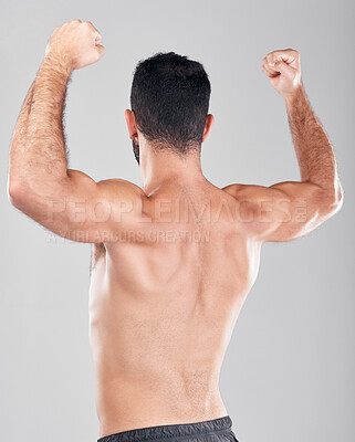 Buy stock photo Flexing, muscle and fitness model or man with back strength after training isolated against a studio gray background. Wellness, workout and male person after exercise for body goal and biceps
