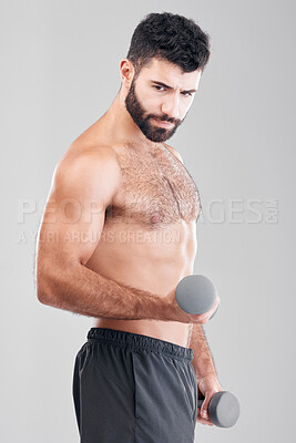 Buy stock photo Man, fitness and exercise with dumbbells in studio isolated on a gray background. Sports thinking, training and male bodybuilder with strong muscles weight lifting, workout or bodybuilding for power.