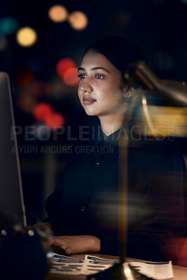Buy stock photo Woman, night office and working at computer for seo planning, pc research or business in dark. Female worker, desktop technology and overtime with online network, data analytics and internet website