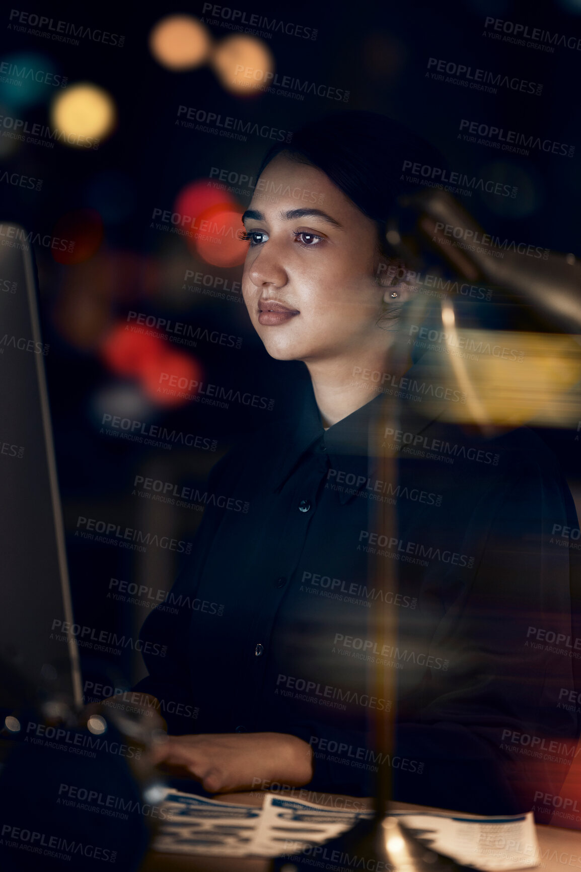 Buy stock photo Woman, night office and working at computer for seo planning, pc research or business in dark. Female worker, desktop technology and overtime with online network, data analytics and internet website