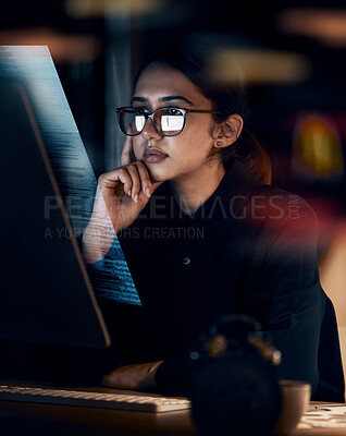 Buy stock photo Hologram, programming and thinking with woman at computer for software, idea and coding at night. Data analytics, technology and future with face of employee for media, database and cyber security
