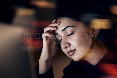 Buy stock photo Burnout, stress and business woman at night working on computer for project, report and strategy deadline. Headache, mental health and female worker in dark office frustrated, tired and overworked