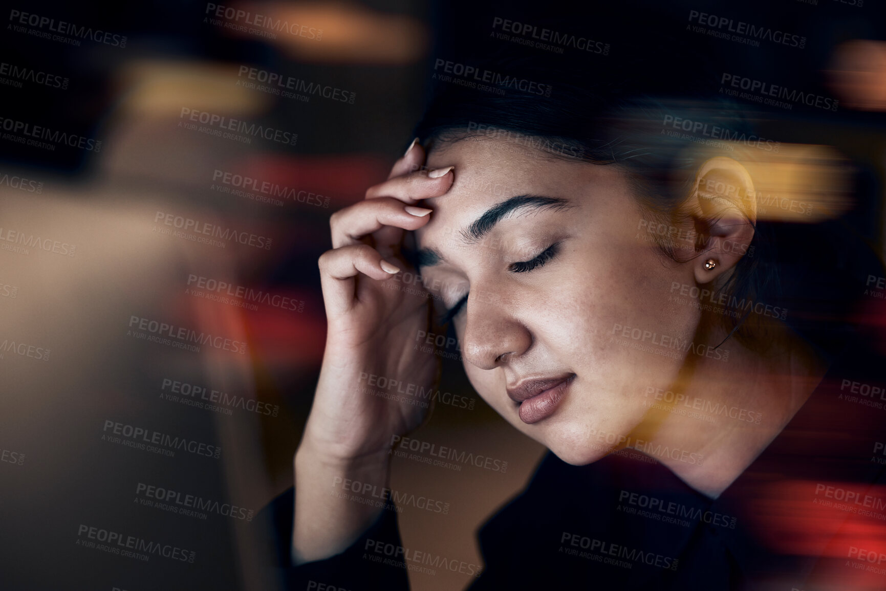 Buy stock photo Burnout, stress and business woman at night working on computer for project, report and strategy deadline. Headache, mental health and female worker in dark office frustrated, tired and overworked