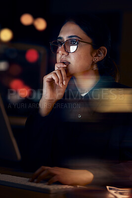 Buy stock photo Woman, night office and thinking at computer for seo planning, pc research or ideas in dark. Female worker, desktop technology and overtime with online network, data solution and internet strategy 