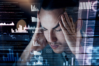 Buy stock photo Headache, night or overlay man programmer with hologram charts, futuristic information or 404 error anxiety. Stress, mental health or sad developer with tech for depression, burnout or work deadline
