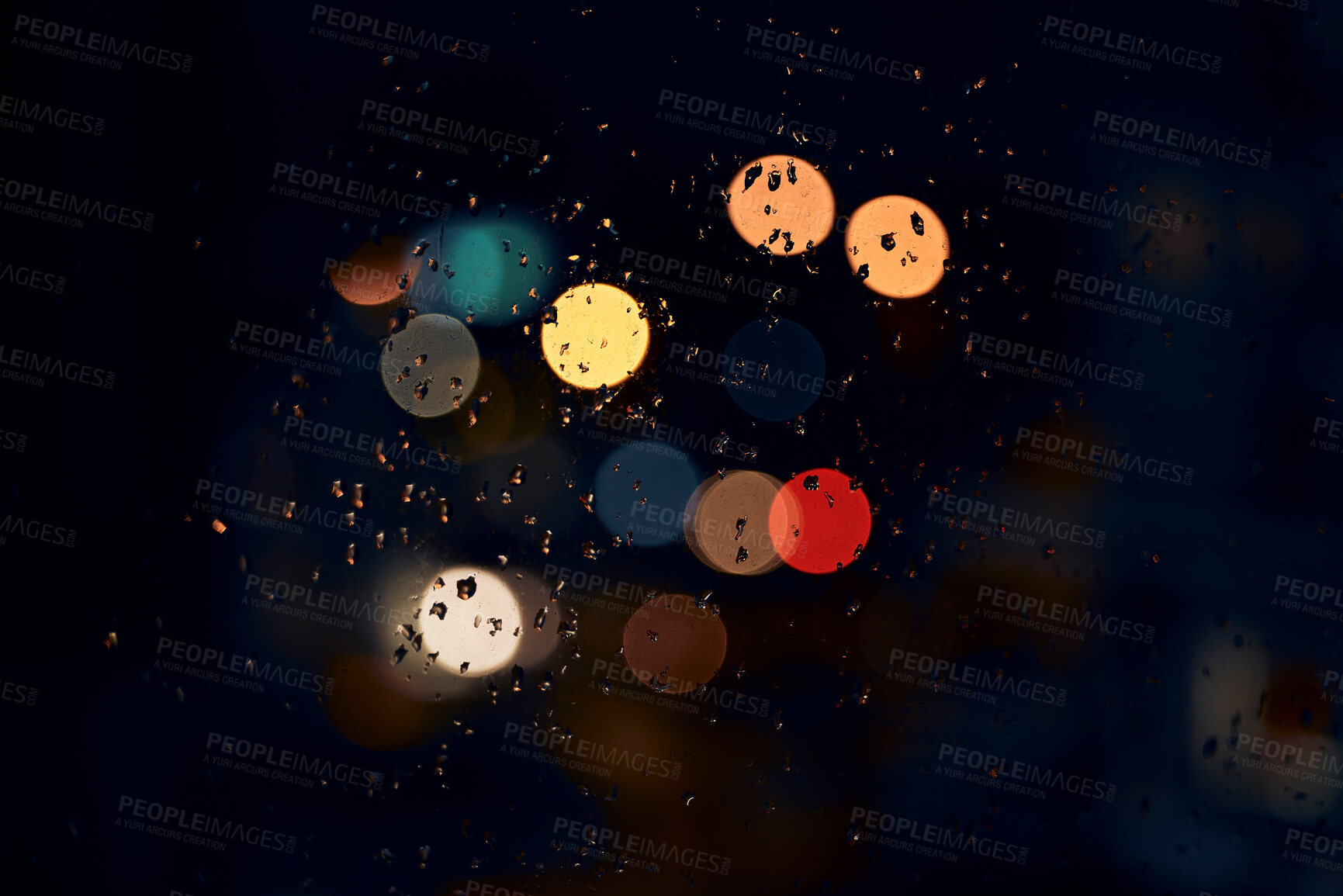 Buy stock photo Night, bokeh and lights on a window with water drops, liquid or moisture against a dark abstract background. Blurred light, colorful and rain drop or splash on glass for city view during rainy season