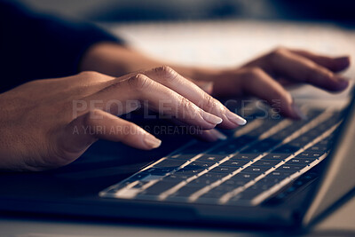 Buy stock photo Laptop, hands and business woman typing in office, working on email or project online. Technology, computer keyboard or female professional writing reports, planning or internet research in workplace