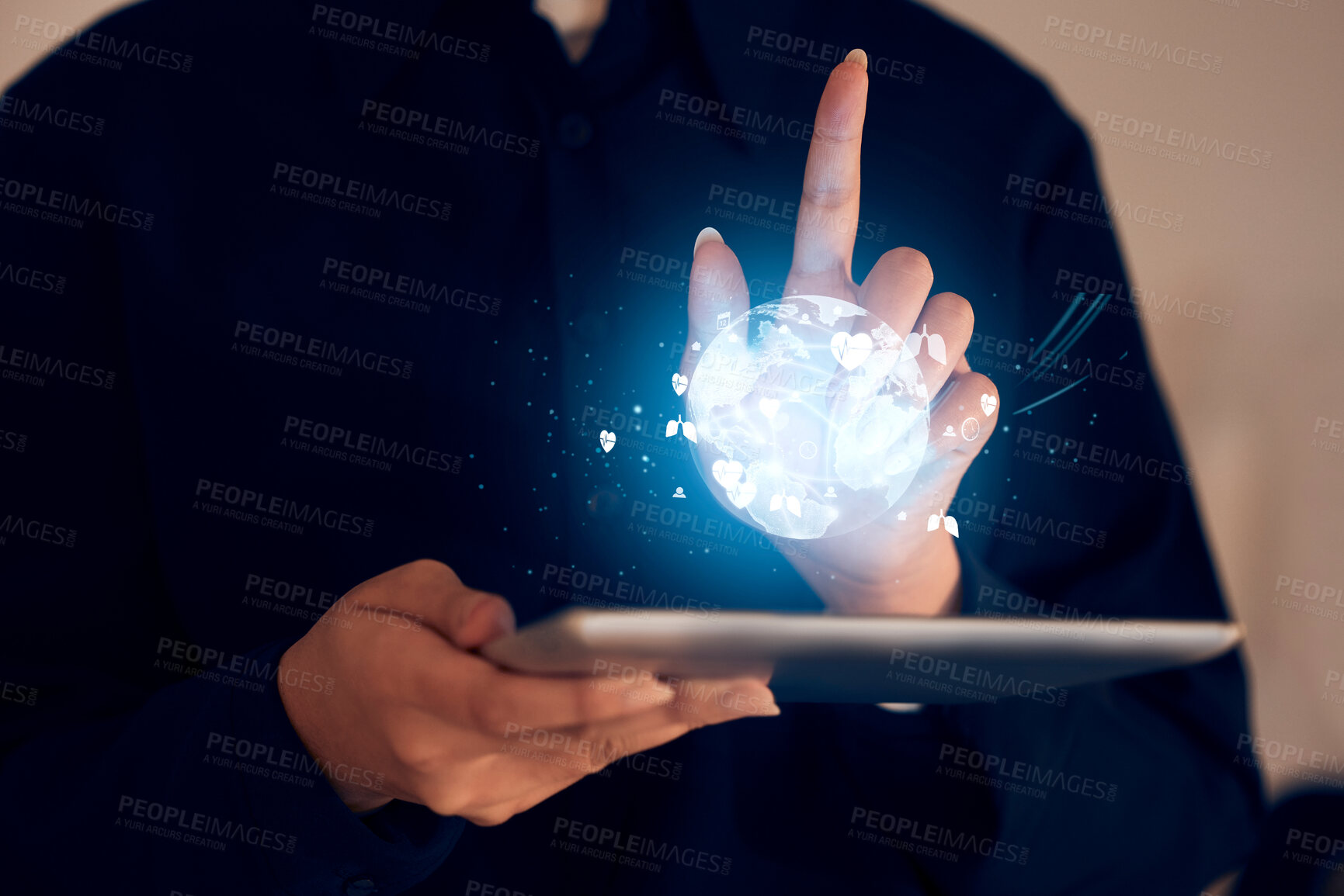 Buy stock photo Globe, networking and tablet with hands of woman for augmented reality, technology abstract and social media. Future, database or communication with girl and earth hologram for digital transformation