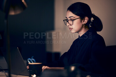 Buy stock photo Woman, night office and laptop for business, coding and strategy in dark startup company. Female working overtime online with technology on website, computer programmer and search internet analytics