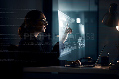 Buy stock photo Futuristic, hologram and laptop with business woman at night for software, augmented reality and digital transformation. Developer, 3d and overlay with employee for technology and cloud computing