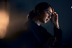 Burnout, stress and business woman at night working on computer for project, report and strategy deadline. Thinking, mental health and female worker in dark office frustrated, tired and overworked