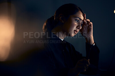 Buy stock photo Burnout, stress and business woman at night working on computer for project, report and strategy deadline. Thinking, mental health and female worker in dark office frustrated, tired and overworked
