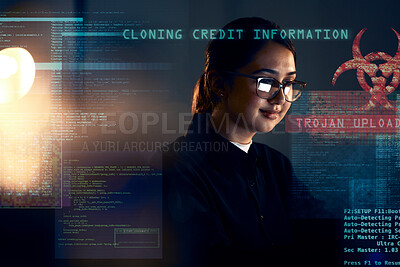 Buy stock photo Cyber security, hacker and night with woman and coding for  software, digital transformation and phishing. Cloud computing, matrix and website with programmer for password, technology or data hacking