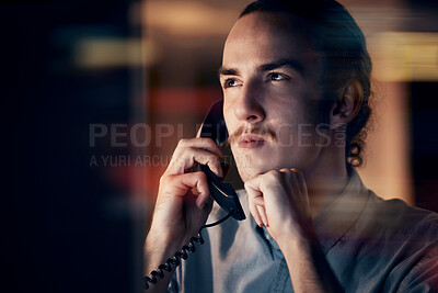 Buy stock photo Phone call, thinking and business man on telephone talking, chatting or speaking to contact at night. Technology, ideas or male working late while networking, discussion or contemplating conversation