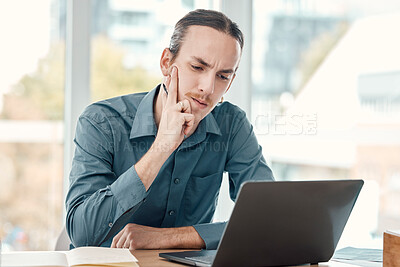 Buy stock photo Business, laptop and man thinking, decision and confusion for deadline, new project and schedule. Corporate, male employee and manager with device, glitch and problems with trading and investment