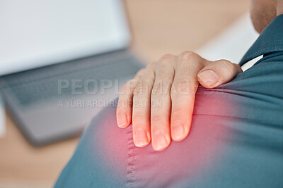 Buy stock photo Hand, shoulder pain and closeup with a business man holding his joint while suffering from injury at work. Medical, anatomy or posture and a male employee stuggling with a problem in red highlight