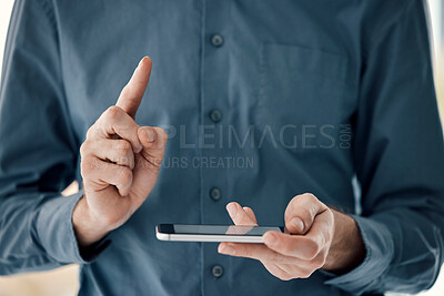 Buy stock photo Hands, phone and finger for idea in digital marketing, advertising or social media networking. Hand of person holding smartphone pointing in touch display or mockup for advertisement or mobile app