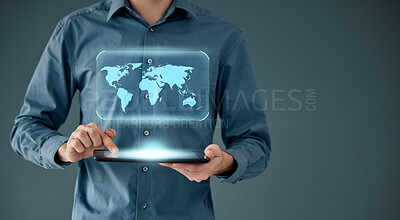 Buy stock photo Globe, networking and tablet with hands of businessman for augmented reality, technology or cyber mockup. Future, database or communication with employee and map hologram for digital transformation