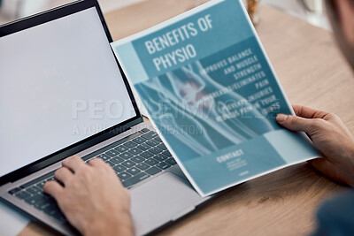 Buy stock photo Man, hands and laptop with screen on mockup for physiotherapy research, typing or search on table. Hand of male searching online for remedy, pain relief or therapist advice on computer display