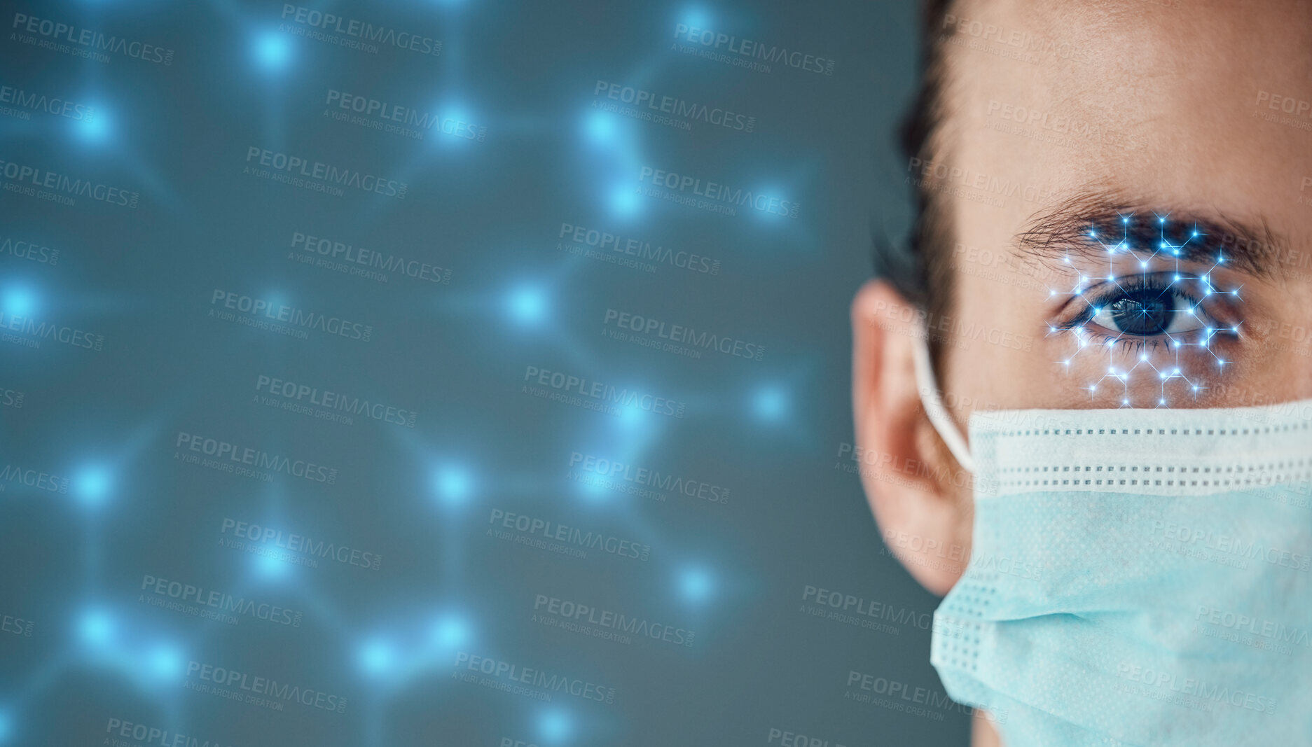 Buy stock photo Man, face and eye scanner for biometrics, cyber security or optic identity with mask in double exposure. Male optical safety with futuristic technology for access, verification or facial recognition