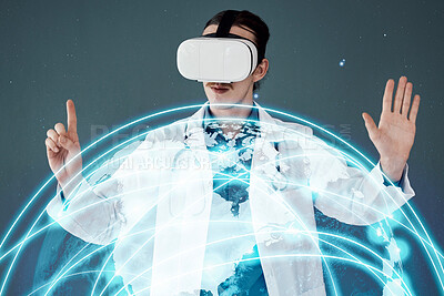 Buy stock photo Doctor, vr and 3D hologram for global healthcare, digital help or life insurance against gray studio background. Man medical expert in virtual reality for futuristic development, globe or innovation