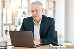 Computer work, senior man and business data of a employee in a office with accounting research. Digital, finance and online planning of an elderly accountant working with web analytics project