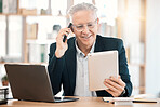 Laptop, phone call and senior businessman with tablet working online, reading email and internet research. Digital tech, communication and male on smartphone for network, conversation and talking