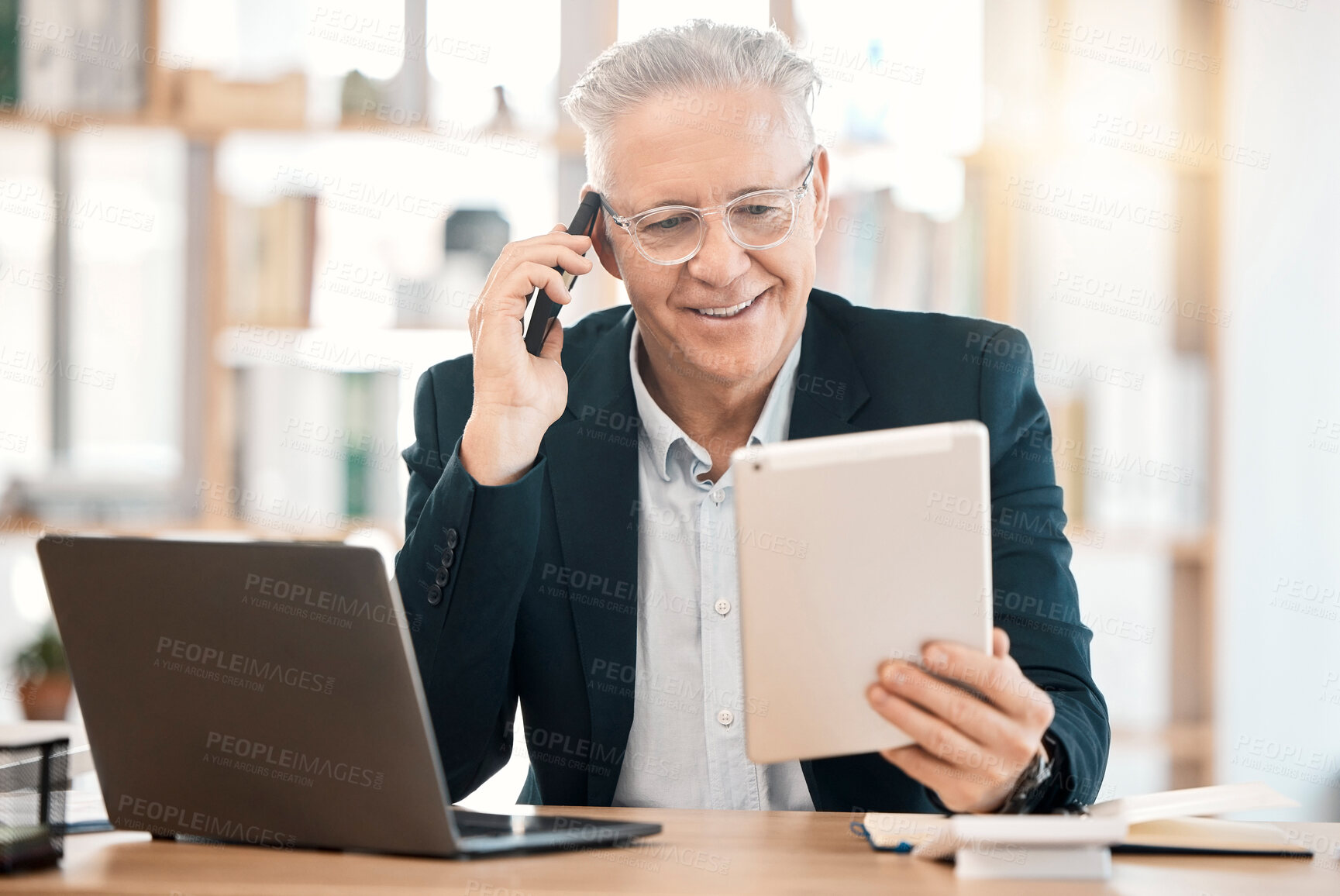Buy stock photo Laptop, phone call and senior businessman with tablet working online, reading email and internet research. Digital tech, communication and ceo on smartphone for network, conversation and talking