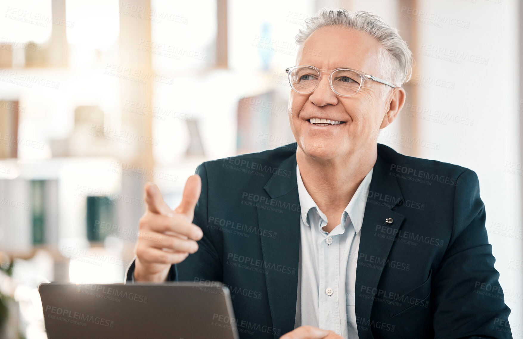 Buy stock photo Senior, business man and pointing with laptop in office while working on project online. Computer, planning and happy elderly entrepreneur point while typing, writing or sales research in workplace.
