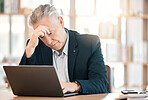 Stress, laptop and management with a senior man in business feeling anxiety or the pressure of a deadline. Computer, glitch and corporate with a mature male manager working on a review in his office