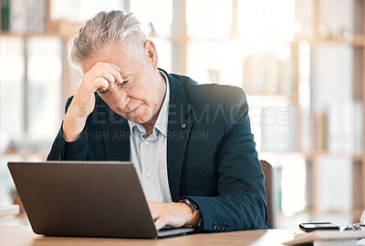 Buy stock photo Stress, laptop and management with a senior man in business feeling anxiety or the pressure of a deadline. Computer, glitch and corporate with a mature male manager working on a review in his office