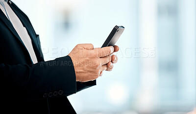 Buy stock photo Businessman, phone and hands typing in networking, communication or social media for corporate idea on mockup. Hand of male manager or CEO texting on smartphone app for chatting, browsing or search