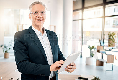 Buy stock photo Portrait, tablet and senior man in office for business management, email or financial planning an investment. Investor, broker or executive person for company values, mission and online data strategy