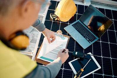 Buy stock photo Solar panels, planning and engineering hands with technology, checklist or insurance for installation. Energy saving, electricity and power technician with laptop, tools and maintenance management