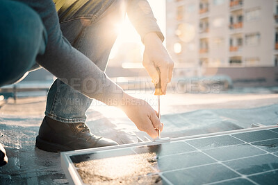 Buy stock photo Solar panel, industrial worker and construction hands for renewable energy and electricity. Community innovation, roof work and engineering employ install eco friendly and sustainability product