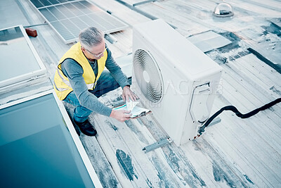 Buy stock photo Air conditioning, roof and engineering man for maintenance, inspection and solar panel in sustainability. Technician planning energy saving power, aircon installation and generator electrician check