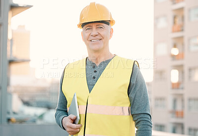 Buy stock photo Construction, tablet and portrait of old man in city with vision, planning and ideas for property development.  Engineering, architecture and face of builder, maintenance worker and contractor smile