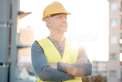 Buy stock photo Construction worker, old man thinking and architecture vision with building industry and leader outdoor. Property development, renovation with helmet for safety and contractor at site with ideas