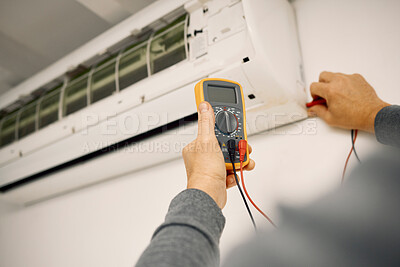 Buy stock photo Air conditioner, maintenance hands and voltage meter with construction, wall and technician man. AC repair, professional hvac expert and handyman with digital reading, analysis or engineering service