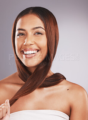 Buy stock photo Hair care, beauty and portrait of a woman with healthy hairstyle from hairdresser or salon. Cosmetics, brazilian treatment and wellness of a young model from Brazil with happiness and a smile  