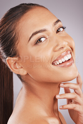 Buy stock photo Woman, face and portrait smile for skincare, makeup or beauty cosmetics against gray studio background. Happy female touching skin in satisfaction for facial, self love or care in cosmetic treatment