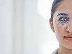 Cybersecurity, eye scan and portrait of a woman at work for facial recognition and identity. Digital, mockup and face of an employee with a retina check for corporate protection and verification